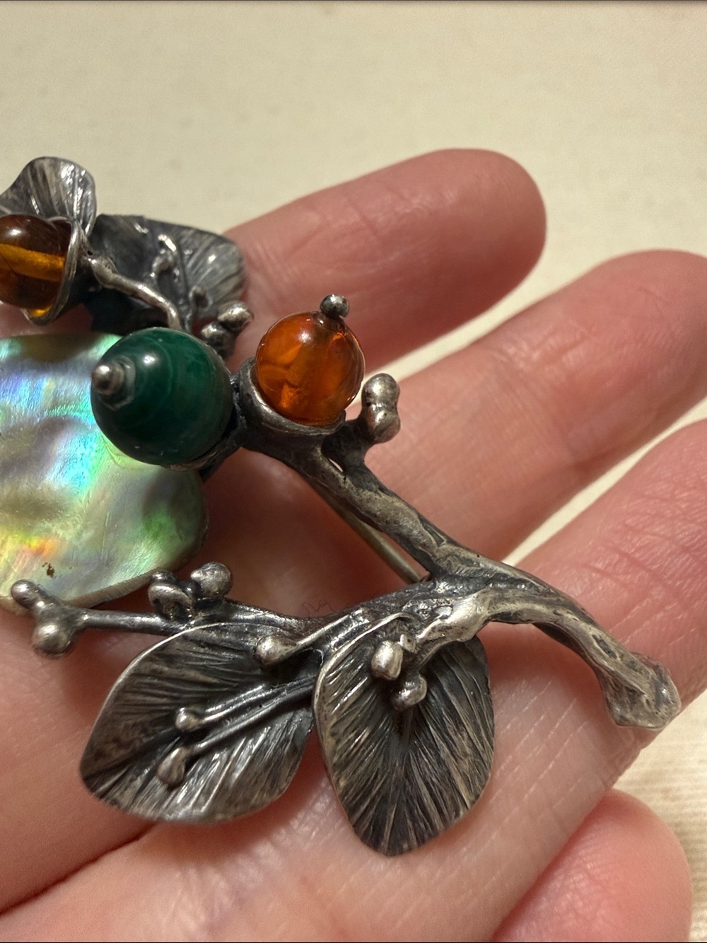 Sterling Silver Botanical Brooch W/Abalone & Accents of Amber & Malachite Stone - Picture 3 of 12